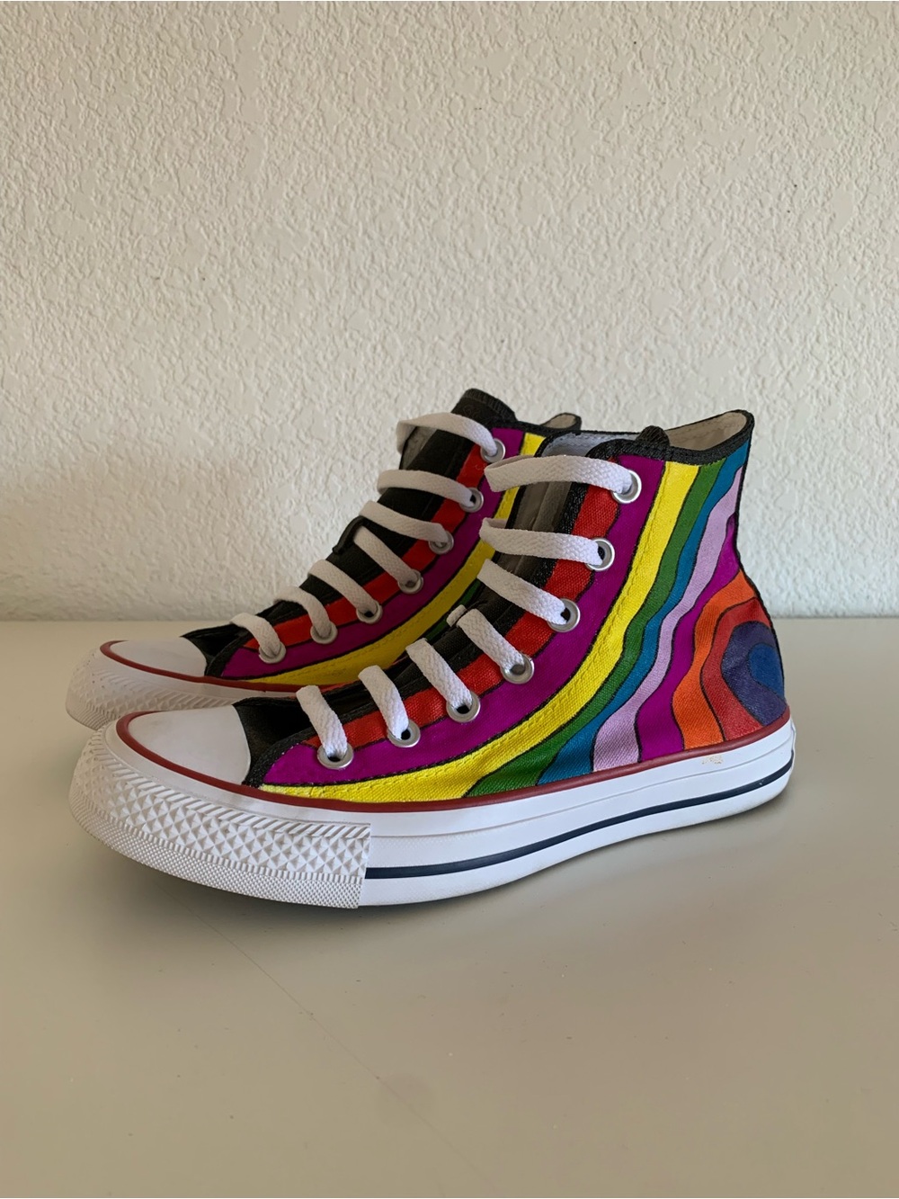 Hand-Painted Rainbow Stripe High-Top Sneakers